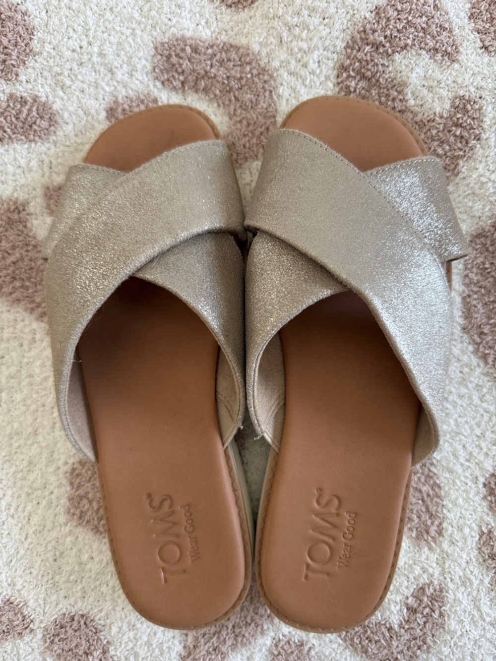 Toms Metallic Crossband Slide Sandals in Champagne-Tan